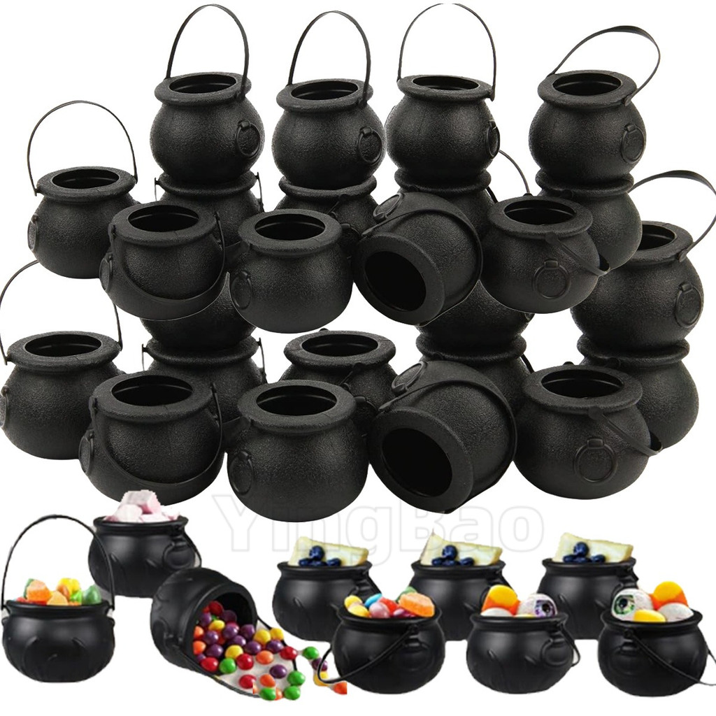 12 ชิ้น Black Cauldron พร้อมที่จับ, Magic Witch Cauldron กาต้มน้ํา Halloween Pot Candy Bowl Holder สําหรับ Halloween & St. Patricks Day