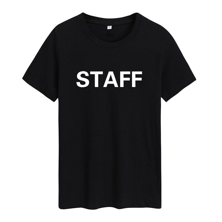 เสื้อยืดพิมพ์ข้อความภาษาอังกฤษ STAFF สำหรับทีมงาน ทำจากผ้าฝ้ายแท้ 100%