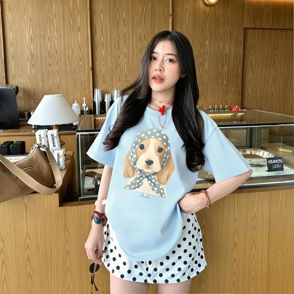 T42.SHOP🌸สื้อยืด oversize เสื้อคอกลม เกาหลี สตรีทแฟชั่น โคตรนุ่ม ผ้าคอตตอน100% ลาย "Blue bandana dog"