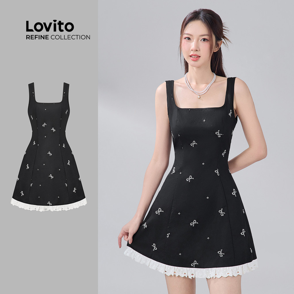 (New) (Lovito Refine) ชุดเดรสสำหรับผู้หญิง แบบสบายๆ สไตล์ฤดูใบไม้ผลิ/ฤดูร้อน สีดำ LR18E081