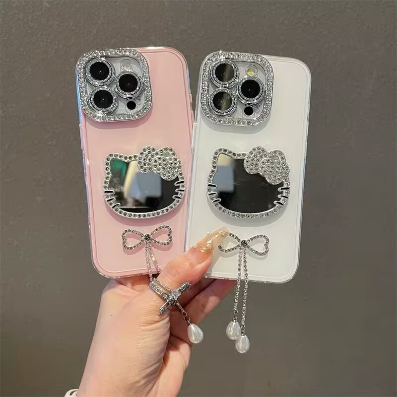 โบว์จี้การ์ตูนแมวกระจกเคสแข็งสําหรับiPhone 11 12 13 14 15 16 17 Pro Maxปลอกป้องกันการตกฝาครอบป้องกันสําหรับiPhone15กรณี
