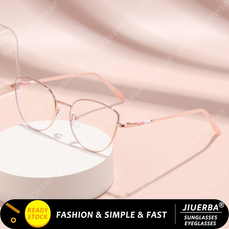 (JIUERBA) กรอบแว่นตารุ่นคาทอายเกาหลี กรอบโลหะสีชมพูกลิตเตอร์Rose Gold พร้อมฟังก์ชั่นลดแสงสีฟ้าสำหรับผู้หญิง
