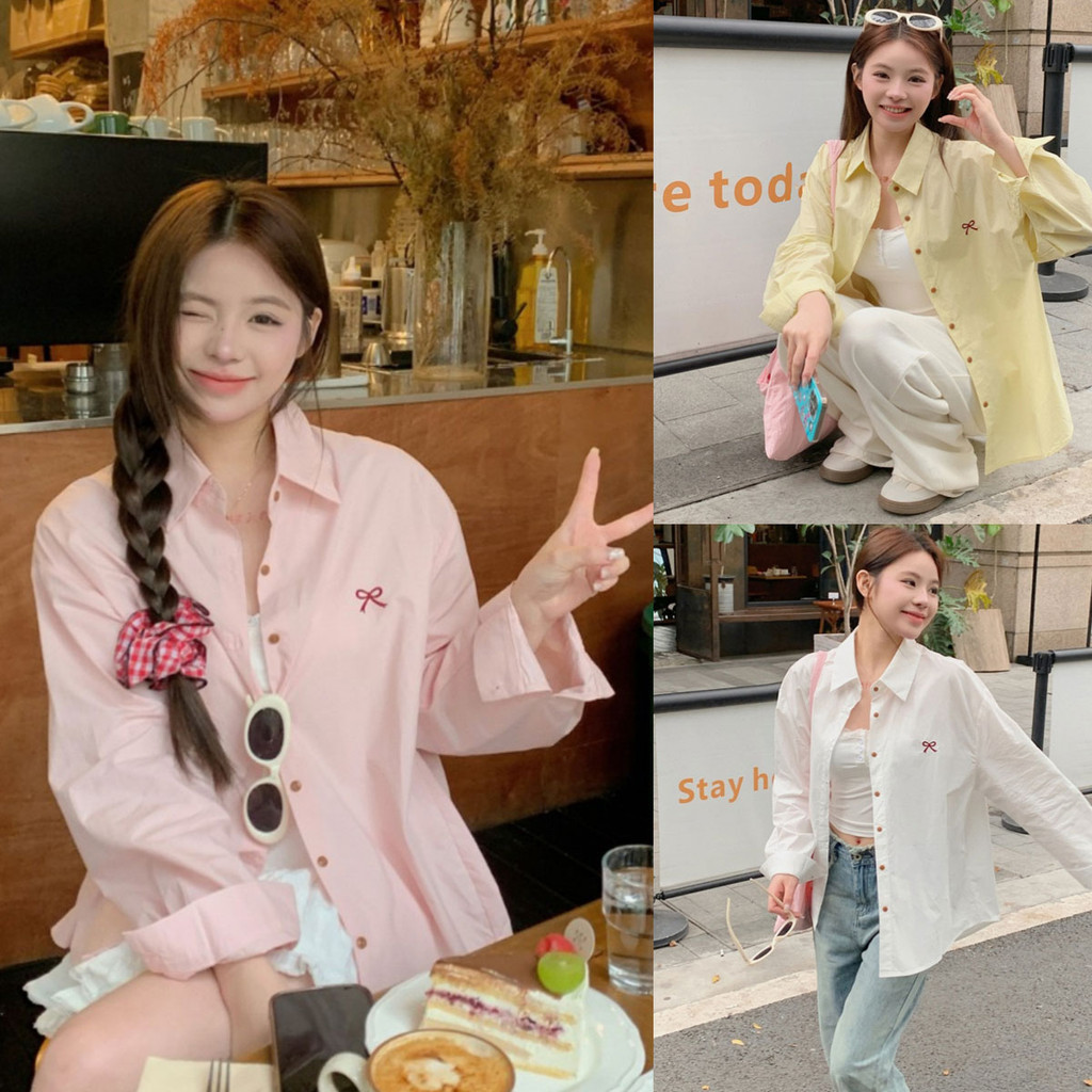 Dahong 💖 เสื้อเชิ้ตแขนยาว สีพื้น ปักลายโบว์ ทรงหลวม สีชมพู เสื้อสไตล์เกาหลีแฟชั่นลำลอง แมชง่ายกับทุกลุค W417