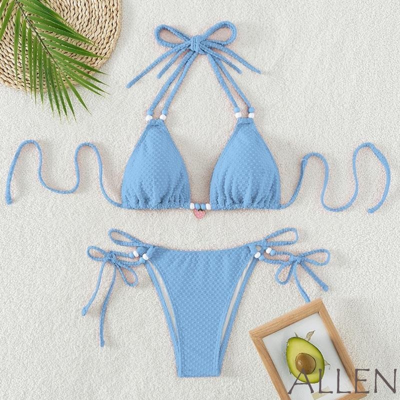 Allen-women ชุดว่ายน้ํา 2 ชิ้น Swiss Dot ลูกปัด Backless Halter บิกินี่ Bra และ Tie up Thong ชุดสําหรับฤดูร้อน Beachwear