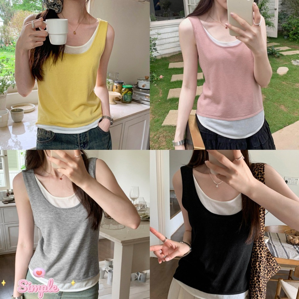 SimpleStore ฤดูร้อนผู้หญิงสบาย ๆ บรอดแบนด์เสื้อกั๊ก เสื้อยืดแขนกุดสีทึบหลวม