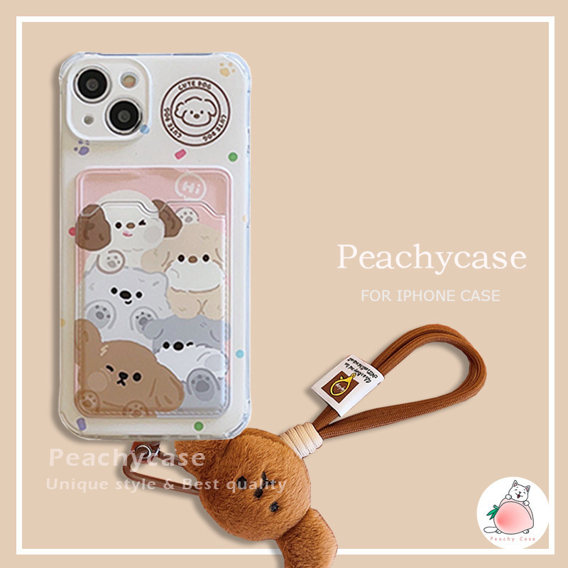น่ารักตุ๊กตาลูกสุนัขสุนัขสายรัดข้อมือผู้ถือบัตรเคสโทรศัพท์เข้ากันได้สําหรับ ไอโฟน 15 14 13 12 มือโปร สูงสุด 11 14โปรแม็กซ์ 15มือโปร ทีพียู ปกหลังทนต่อการตกปลอก