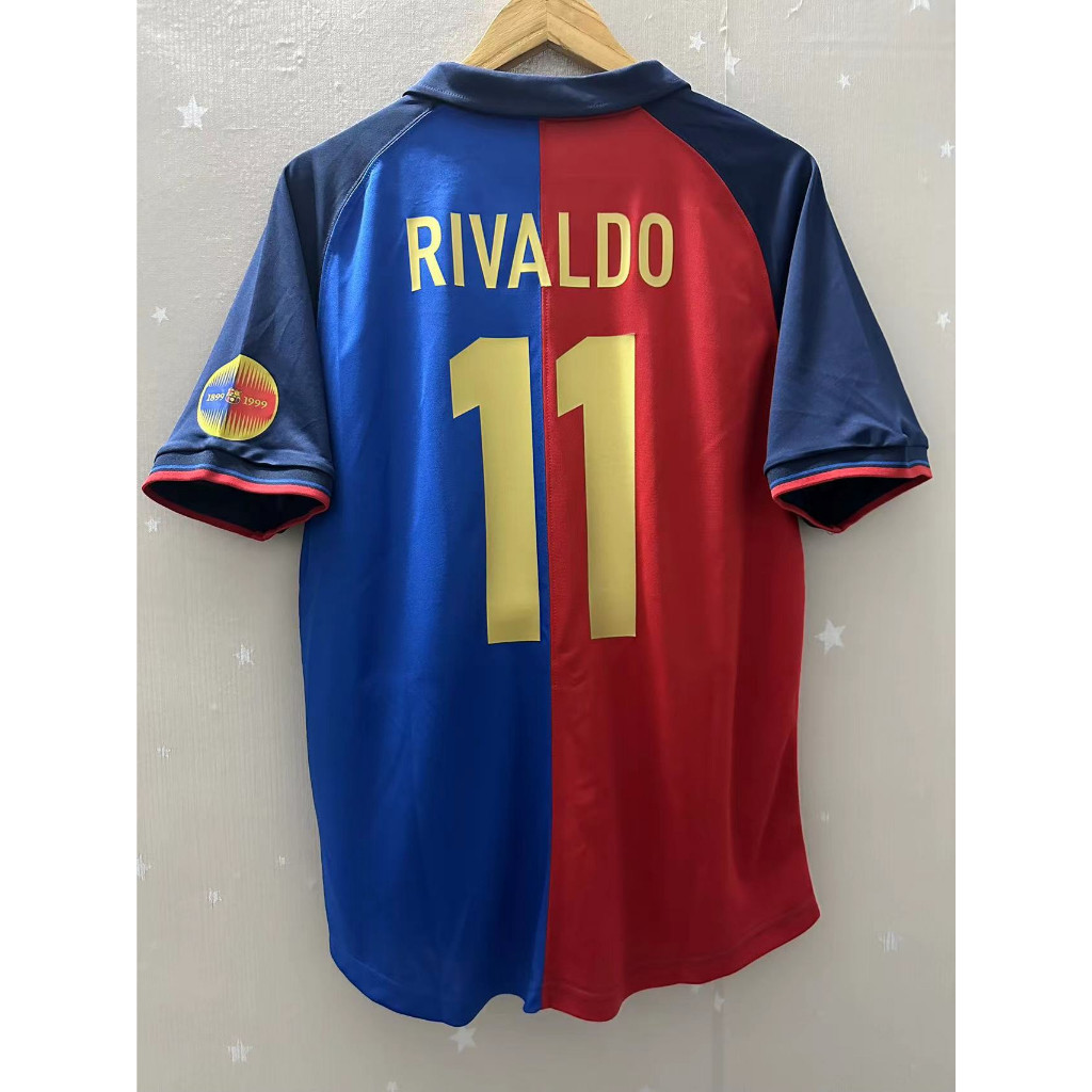 1899-1999 Barcelona 100th คุณภาพสูง Home Retro Soccer Jersey เสื้อยืดที่กําหนดเองเสื้อฟุตบอล GUARDIOLA FIGO RIVALDO