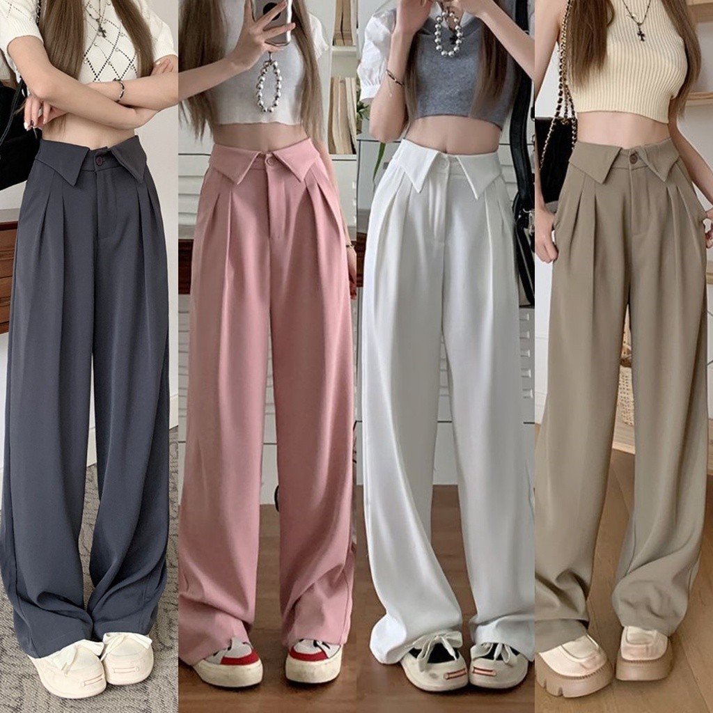 Solovely เอวสูง กางเกงผู้หญิง สไตล์เกาหลี ธรรมดา ตรง กางเกงตัด ขากว้างลำลอง กางเกง