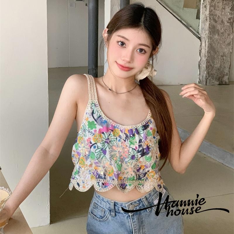 Hanie House- เสื้อชั้นในสตรีลายดอกไม้แขนกุดคอยูลายดอกไม้ปักเลื่อมฤดูร้อนสําหรับผู้หญิง