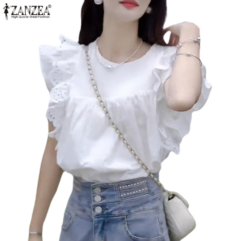 ZANZEA ซานเซีย ผู้หญิงเกาหลีลําลองสีทึบรอบคอจีบเสื้อแขนกุด