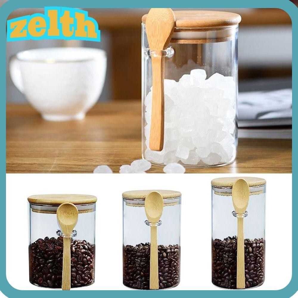 Zelth Storage Glass Jar ช้อนโปร่งใสพร้อมฝาปิดไม้ไผ่ Coffee Bar Station Organizer