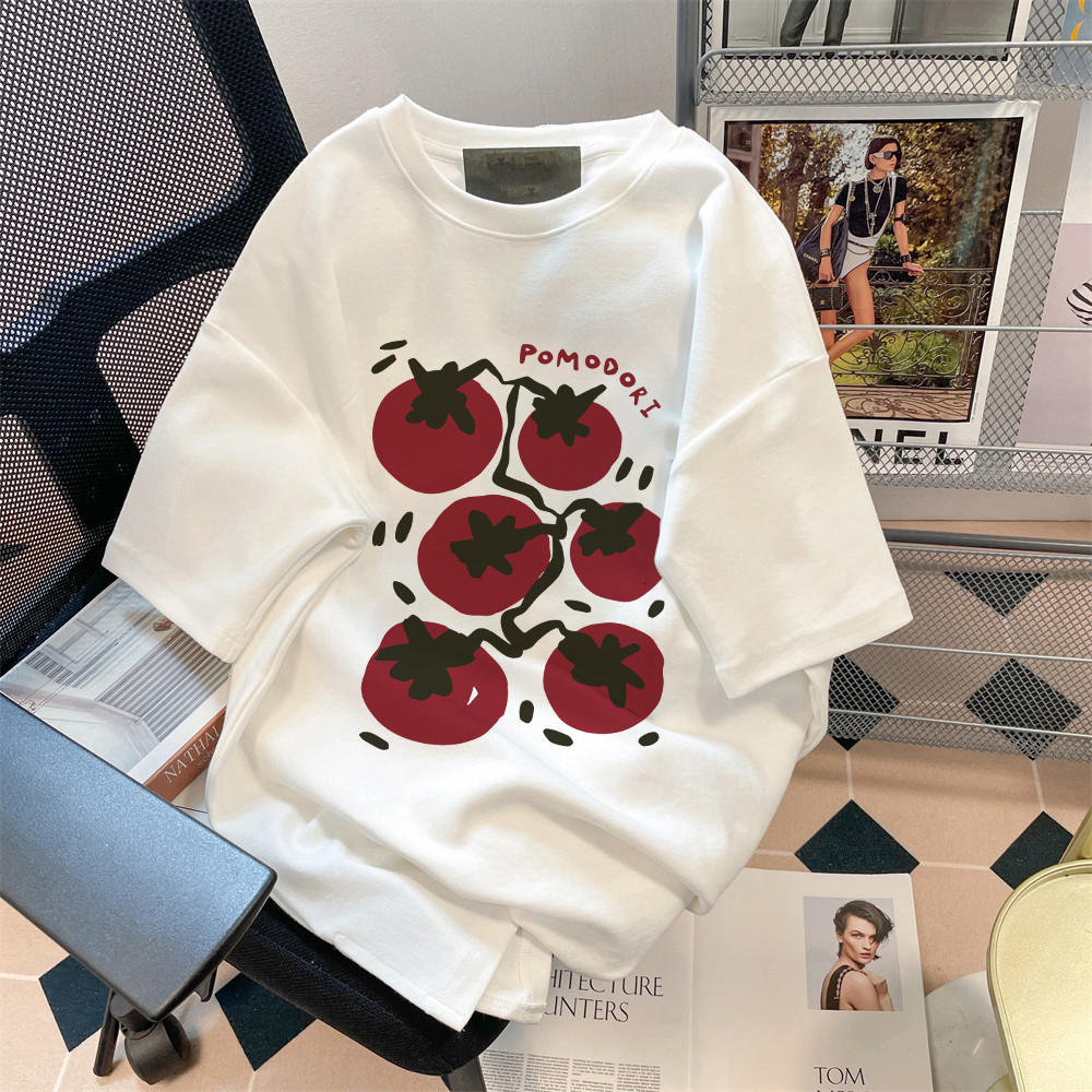 Selvze ~ Printed T-shirt，การ์ตูนมะเขือเทศสวยพิมพ์เสื้อยืดแขนสั้นหลวม T1937