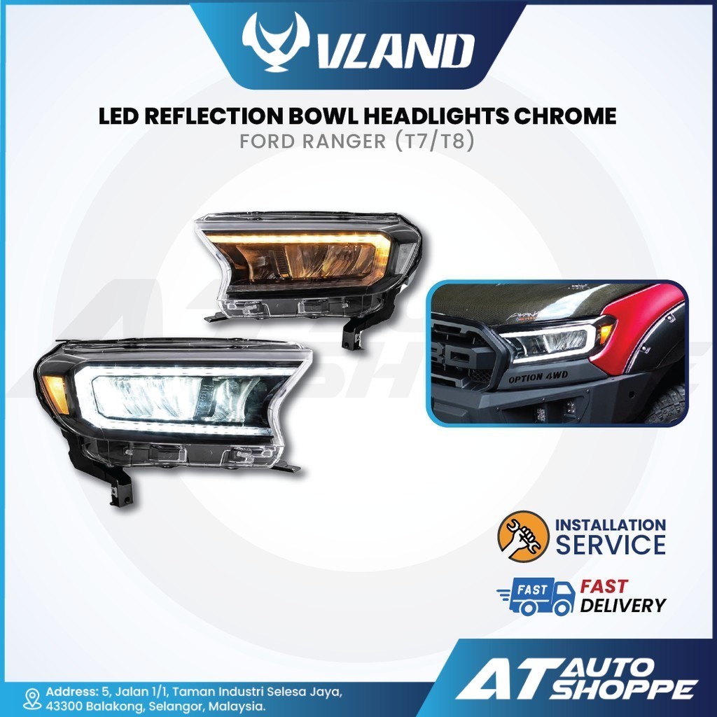 VLAND Ford Ranger (T7/T8) LED Reflection Bowl HeadLights Chrome (1 คู่)