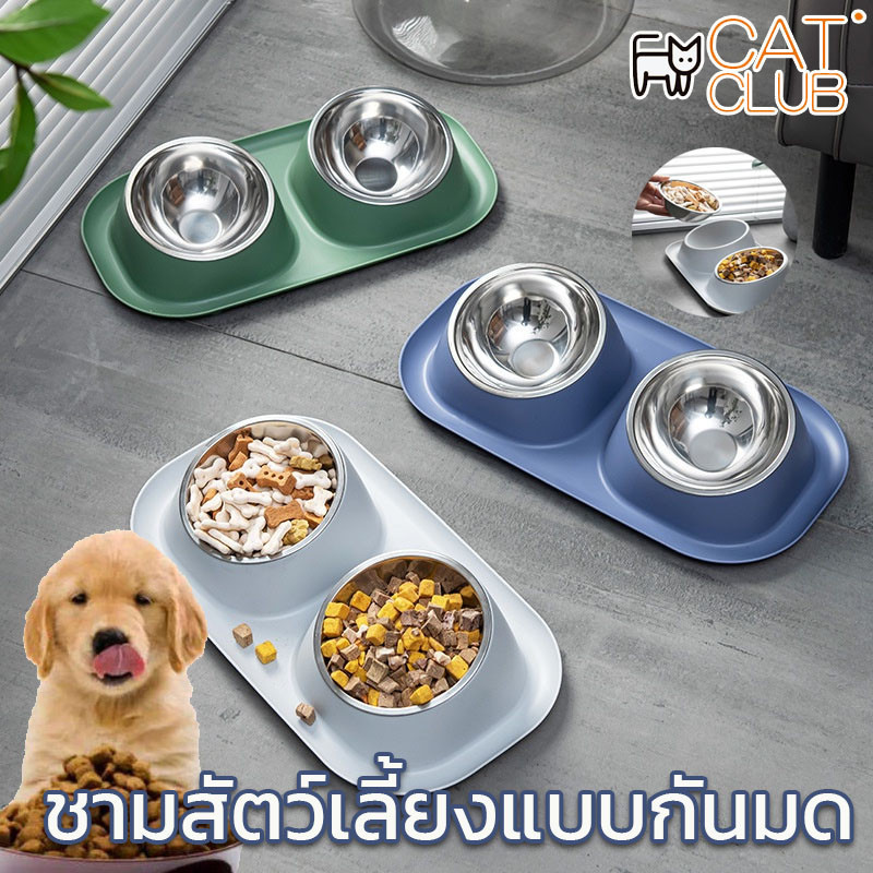 พร้อมส่ง ชามอาหารสัตว์เลี้ยง ชามสัตว์เลี้ยงแบบกันมด ชามข้าวสุนัข ชามอาหารแมว 2 หลุม ถอดล้างได้หลุม มาพร้อมชามแสตนเลส