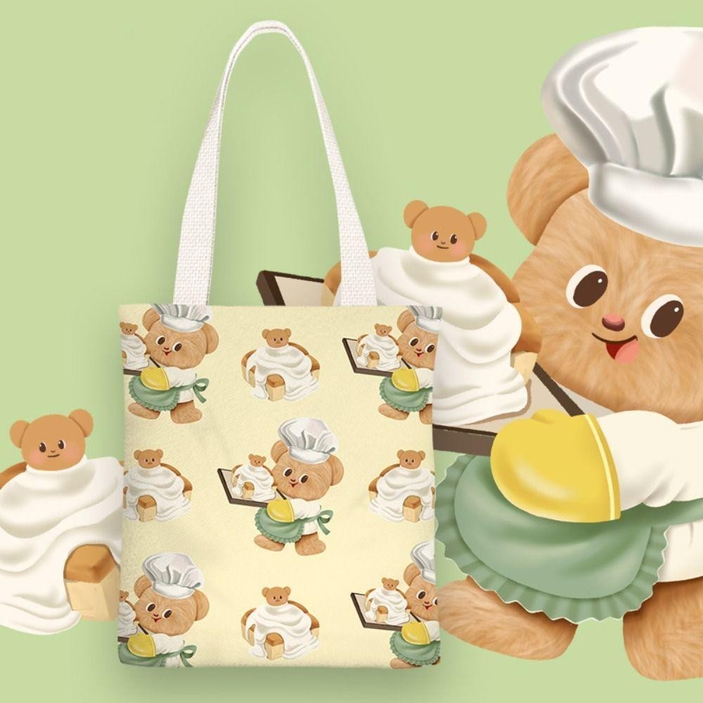 กระเป๋าผ้าแคนวาส REAYA Butter Bear, กระเป๋าสะพายหมีเนยเรียบง่ายการ์ตูน, กระเป๋าโท้ทความจุขนาดใหญ่แบบพกพาผู้หญิง