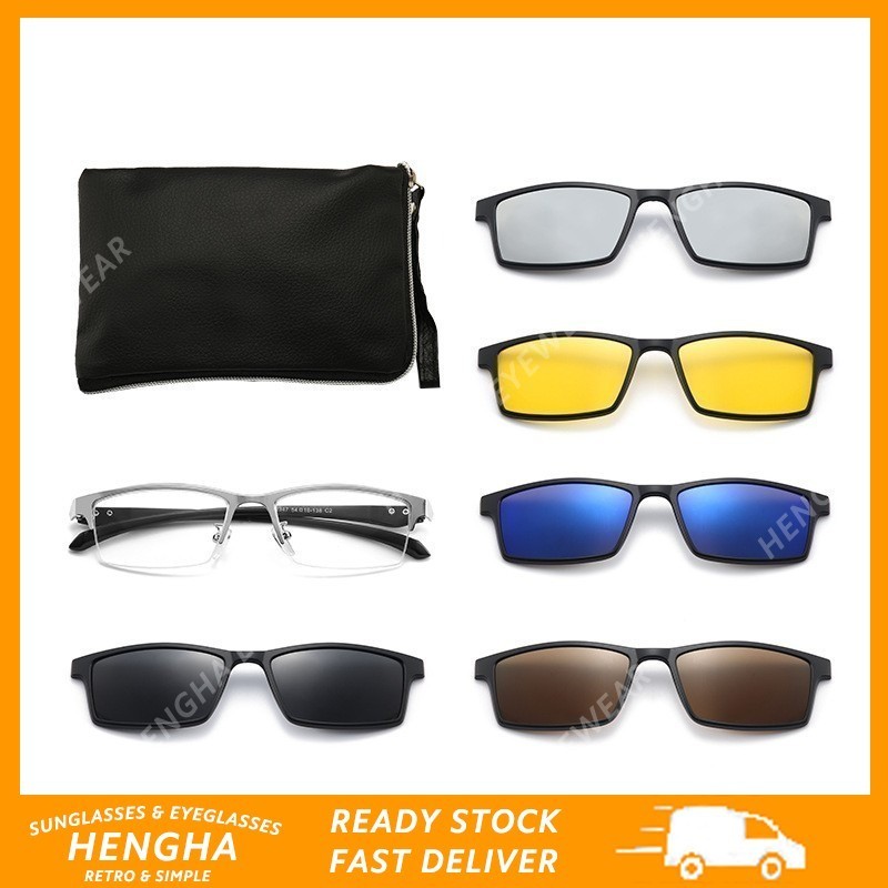 (HENGHA) แว่นกันแดดสปอร์ตครึ่งกรอบโลหะคลิปออนแม่เหล็ก 6-in-1 ชุด