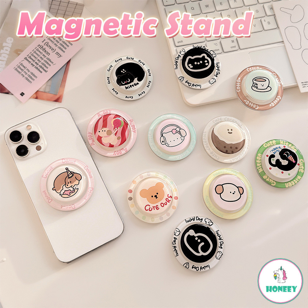Ins เกาหลีการ์ตูนสัตว์ Girly วงเล็บแม่เหล็กโทรศัพท์ Grip Stand สําหรับ IPhone พับไร้สายชาร์จกรณี Kitty Puppy Lazy Desktop Holder แหวน