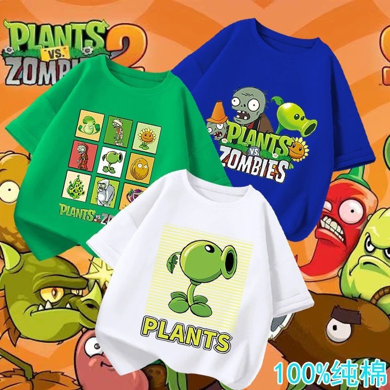 พืชเกมเทียบกับ Zombies เกม Plants vs. ผ้าฝ้ายแท้ สําหรับเด็กผู้ชาย เสื้อยืดแขนสั้น ผ้าฝ้ายแท้ พิมพ์ลายซอมบี้ สไตล์เกาหลี