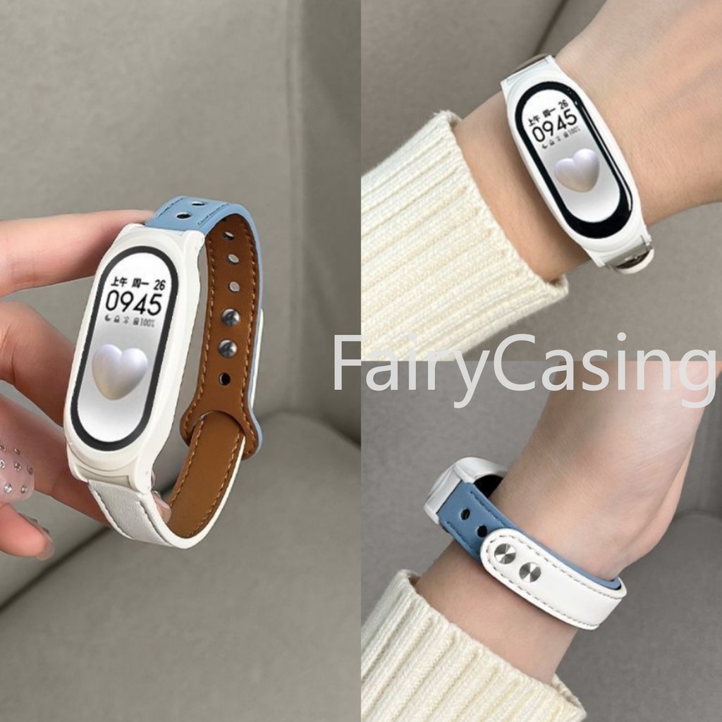 สายหนังแฟชั่น + PC สีขาวสําหรับ Xiaomi Mi Band 9 8 7 6 5 4 3 สร้อยข้อมือสําหรับ Miband 8 NFC Correa สายรัดข้อมือ