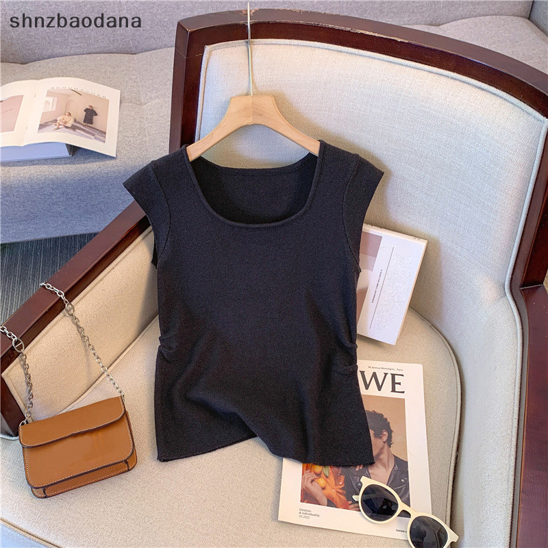 [SHNZAA] เสื้อกั๊กถักลายทางแฟชั่นเกาหลีผู้หญิงเสื้อครอปแขนกุดคอ U หวาน FSSG