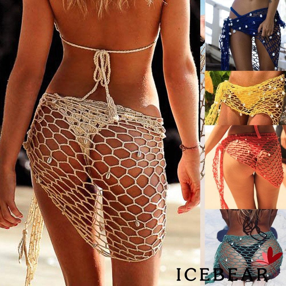 Ice-women shaits ชุดว่ายน้ําสามเหลี่ยม Wrap Fishnet สีทึบ Shells ชุดว่ายน้ํากระโปรงบิกินี่ Cover-Up ผ้าคลุมไหล่ฤดูร้อน Beach Cover Up