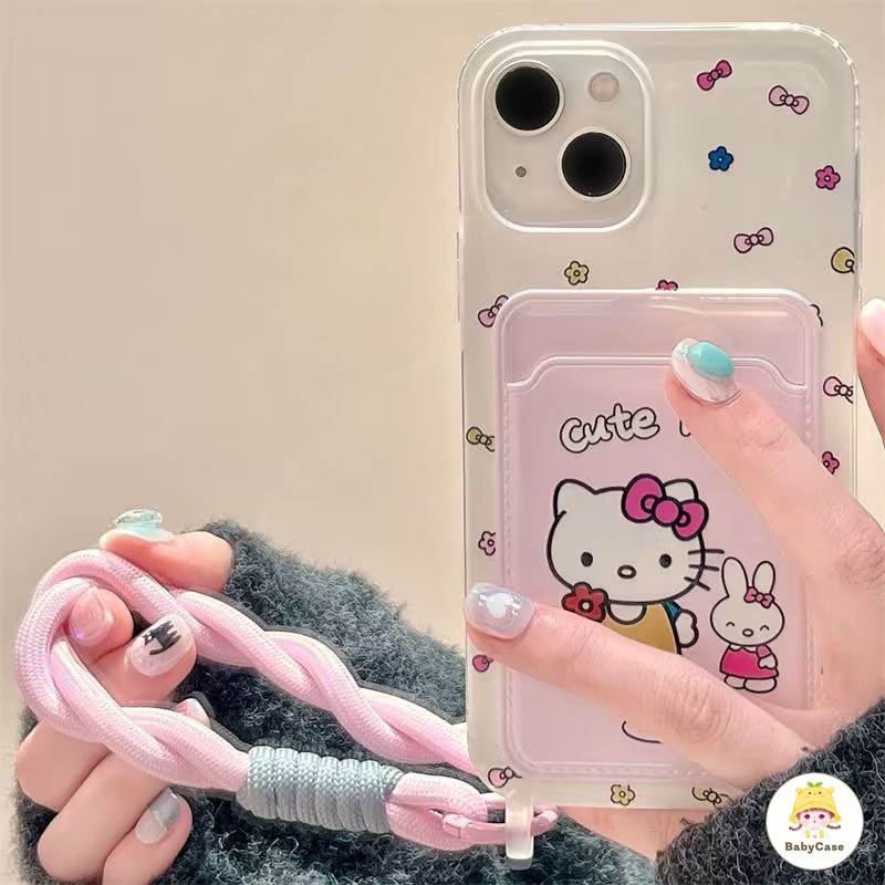 กระต่ายการ์ตูนคิตตี้โบว์น่ารัก ช่องใส่บัตรพร้อมสายคล้อง เคส IPhone11 13 15 12 14 Pro Max 8 7 14 Plus X XS XR Max SE 2020