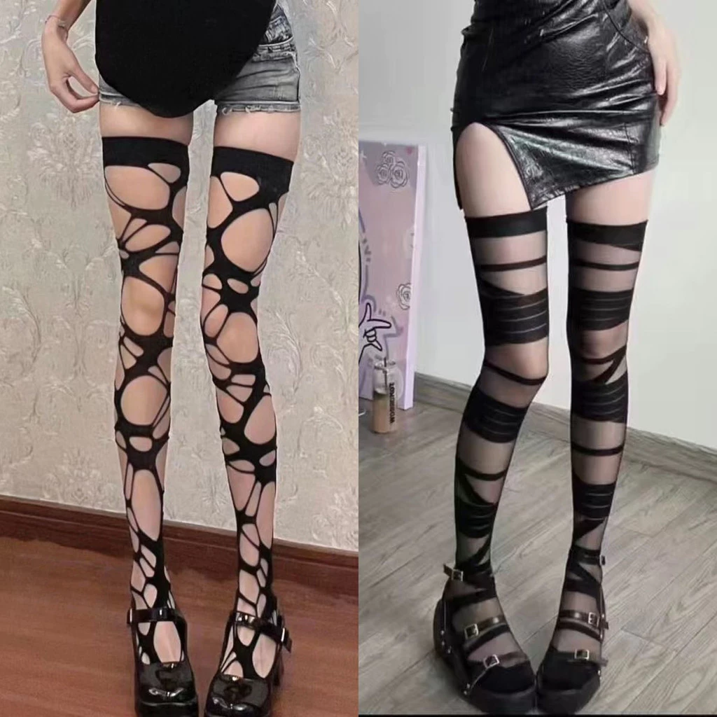 Punk Gothic สไตล์ไม่สม่ําเสมอถุงเท้าสูง Y2k Subculture Hole ถุงเท้า Hollow Pantyhose