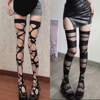Punk Gothic สไตล์ไม่สม่ําเสมอถุงเท้าสูง Y2k Subculture Hole …