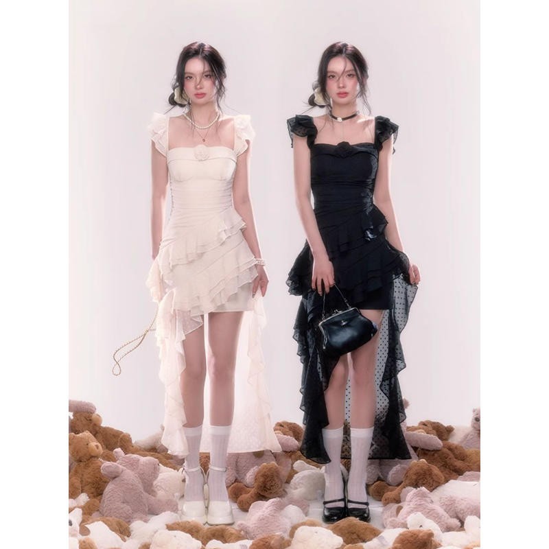 Xyzkuli Original French Vacation Rose Temperament Long Trailing Sleeve Atmosphere Sling Dress Women