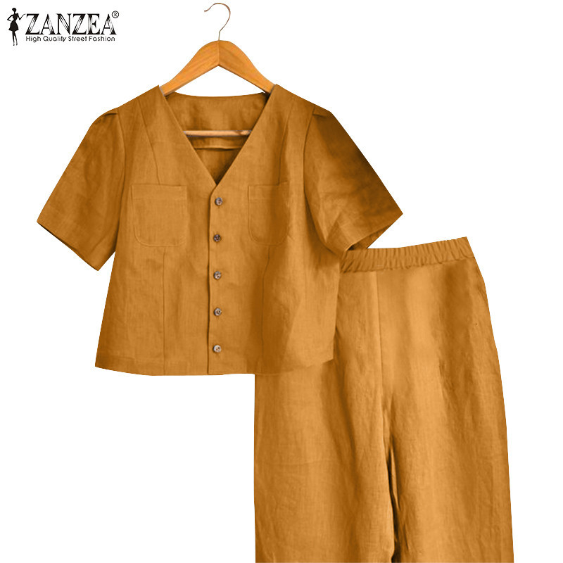 ZANZEA ใส่ ซานเซีย ผู้หญิงเกาหลีลําลองหัวเข็มขัดแขนสั้นชุดสีทึบชุด