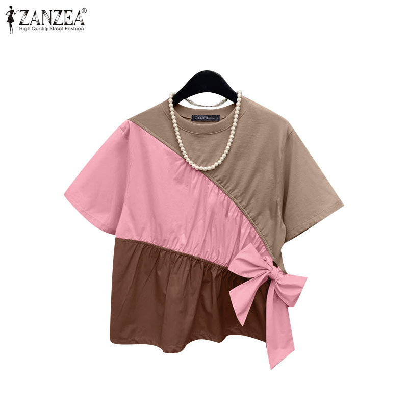 Zanzea เสื้อเบลาส์สั้น O-Neck Patchwork ผู้หญิงเกาหลี