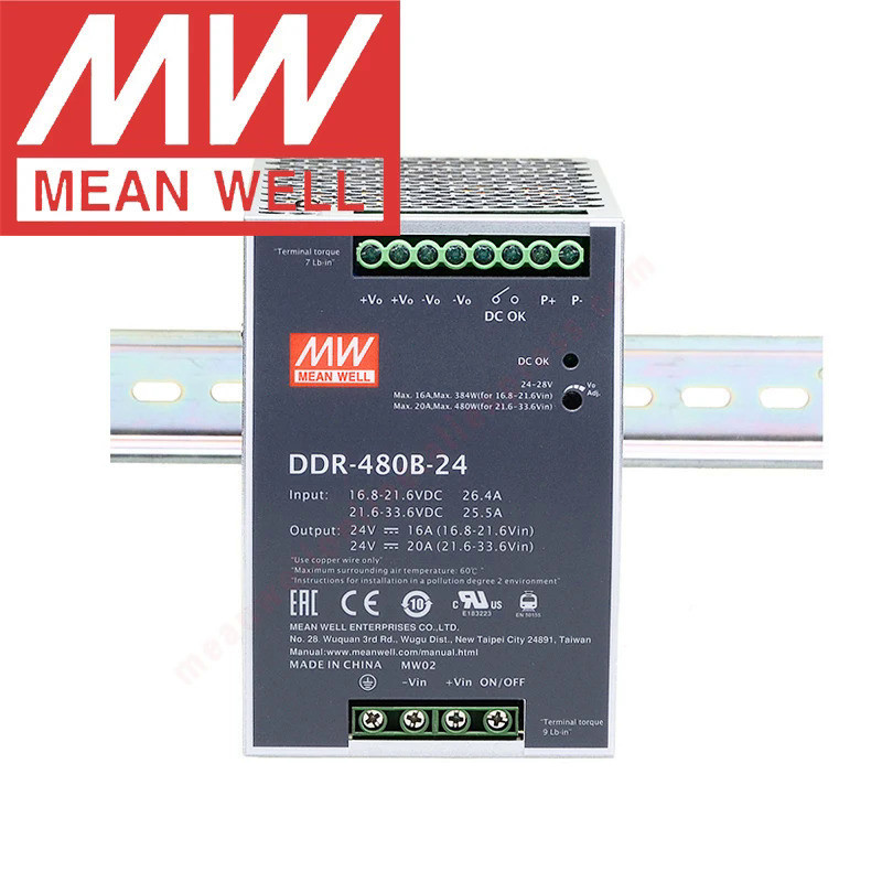 Original Mean Well DDR-480B/480C/480D Din Rail ประเภท Meanwell 480W 12V/24V/48Vdc เอาต์พุต DC-DC Con