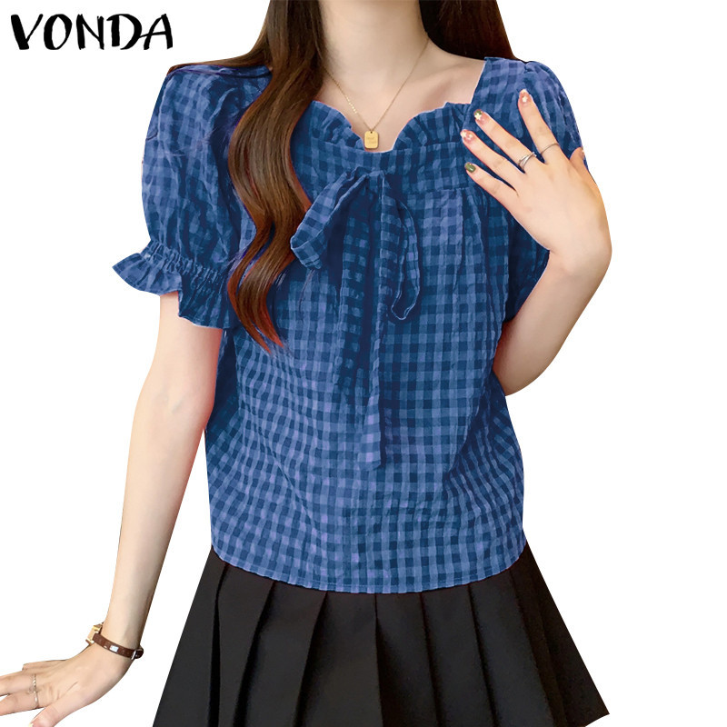 Vonda เสื้อเบลาส์แขนสั้นพิมพ์ลายลายสก๊อตคอกลมลําลองเกาหลีสําหรับผู้หญิง