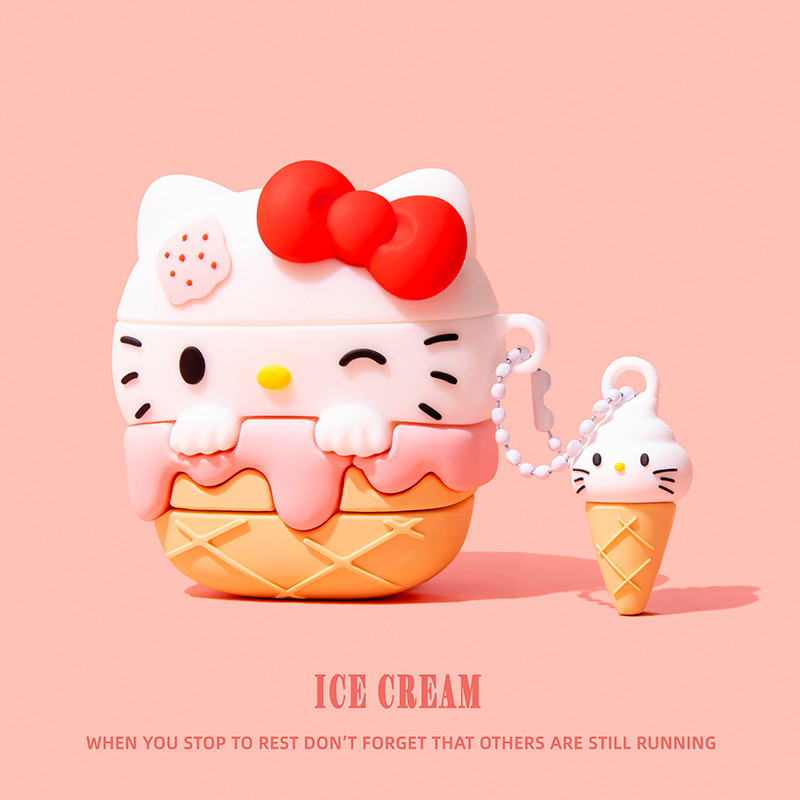 (เคส Airpods4)เคส Ice Crearm Kitty สําหรับ AirPods 4(2024)1/2/3/Pro/Pro2 เคสซิลิโคนอ่อนนุ่มพร้อมคาราบิเนอร์