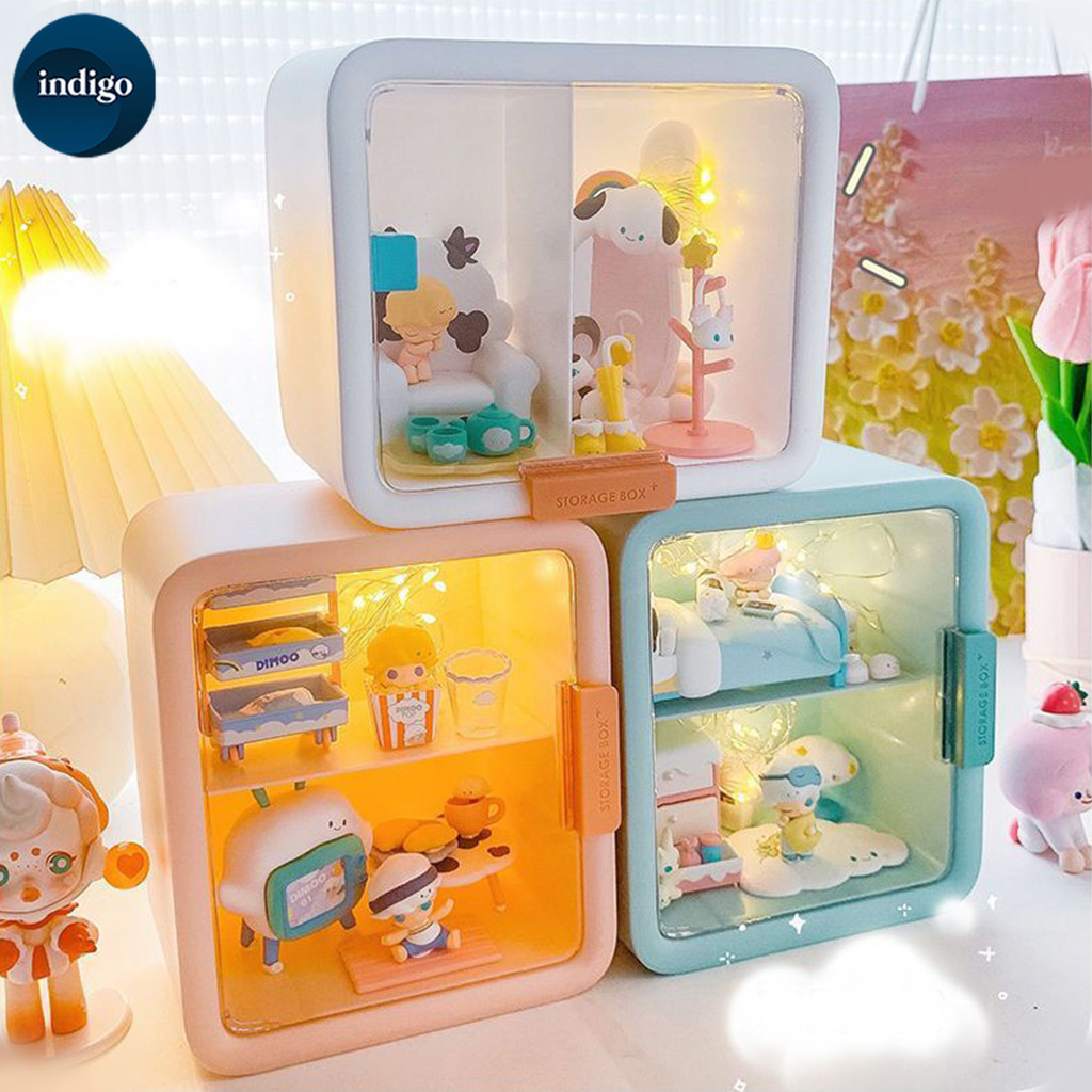 บ้านตุ๊กตา มีฉาก DIY ตู้เก็บโมเดล กล่องใส่โมเดล กล่องใส่ฟิกเกอร์ แบ่งโซน ที่เก็บตุ๊กตา น่ารักและเรียบง่าย