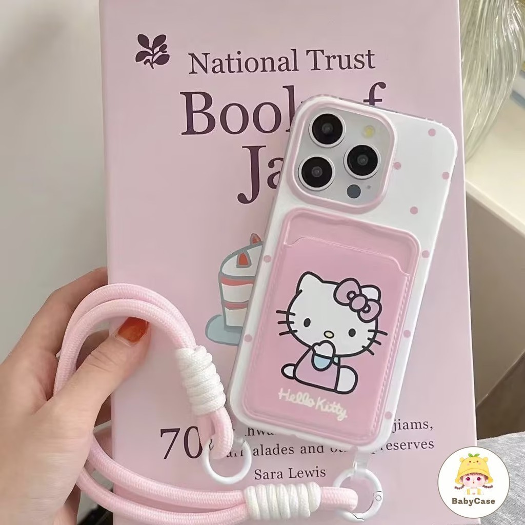 แฟชั่นลาย Hello Kitty น่ารัก ช่องใส่บัตรพร้อมสายคล้อง เคส IPhone 16 11 13 14 12 15 Pro Max 7 8 14 Plus XR X XS Max SE