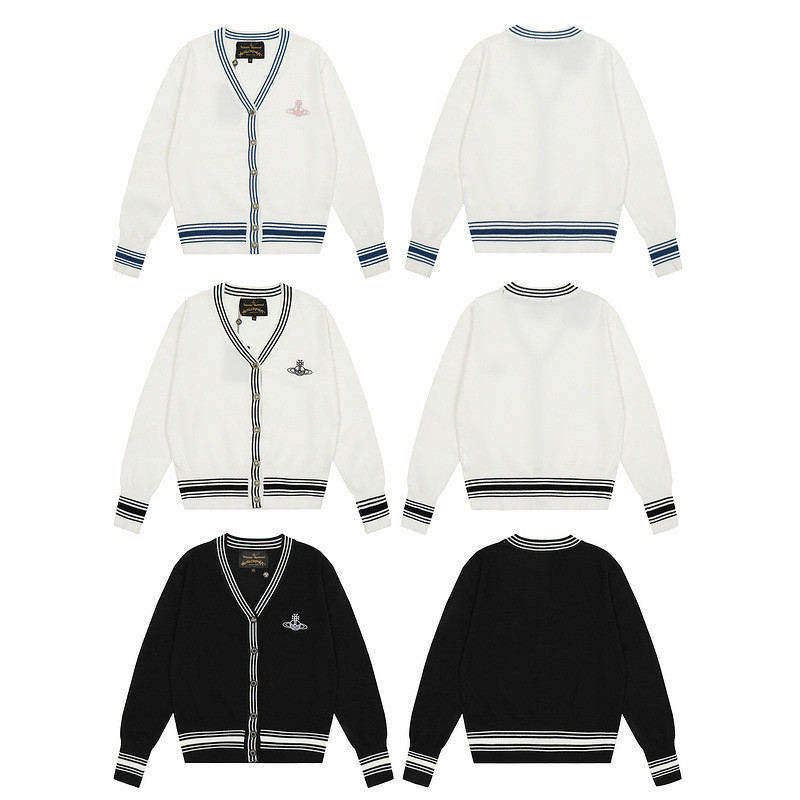 Vivienne Westwood Four Seasons Thin Transport Saturn V คอสไตล์ขี้เกียจปักตัวอักษรเสื้อกันหนาวคาร์ดิแกน