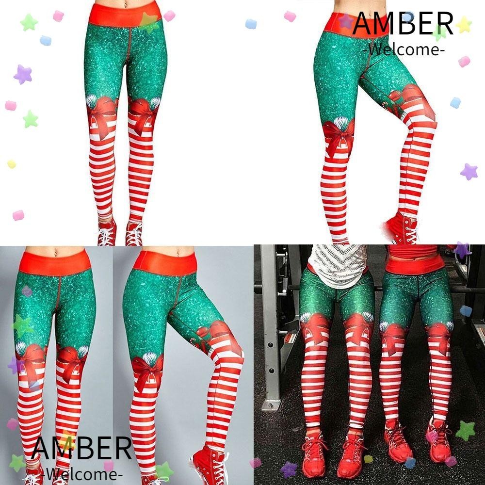 Amber กางเกงเลกกิ้ง เอวสูง ยืดหยุ่น พิมพ์ลายคริสต์มาส ระบายอากาศ เหมาะกับการเล่นโยคะ ฟิตเนส วิ่ง สําหรับผู้หญิง
