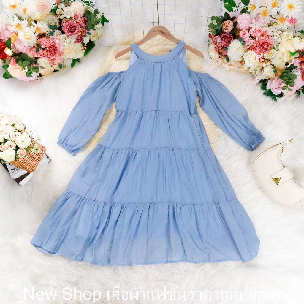 ชุดเดรสยาวปานกลาง สีฟ้าเบบี้บลู ซับในทั้งตัว เว้าไหล่ คอโบว์ (Linen) ความยาวชุด=40