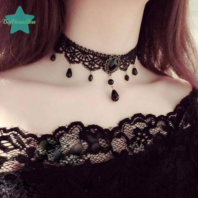 [BigHouseSea] New Sexy Gothic Chokers Crystal Black Lace Necklace Vintage Victorian Jewelry NEW