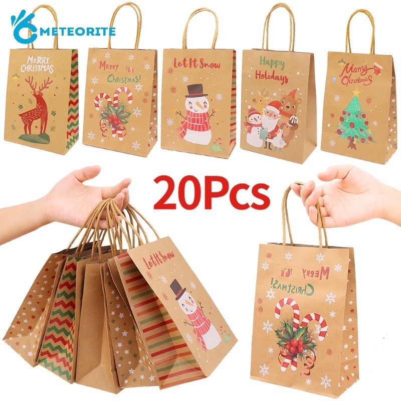 20 ชิ้น Candy กระดาษคราฟท์บรรจุภัณฑ์ถุงของขวัญปีใหม่ – Xmas Candy Cookies Tote Bag – กระเป๋าถือคริสต์มาสถุงบรรจุของขวัญ