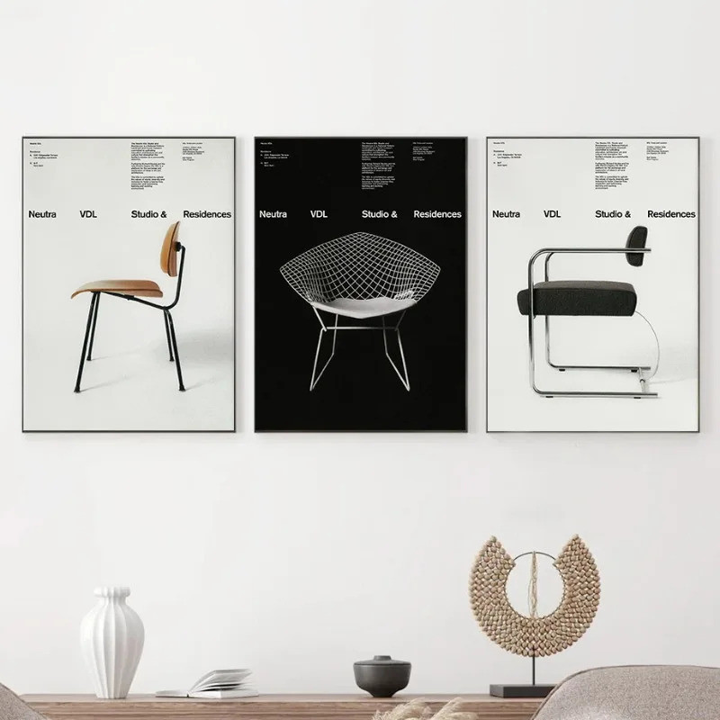 Minimalist Bauhaus Iconic Mid-Century เก้าอี้นิทรรศการเฟอร์นิเจอร์โปสเตอร์ผ้าใบภาพวาด Wall Art ภาพ H