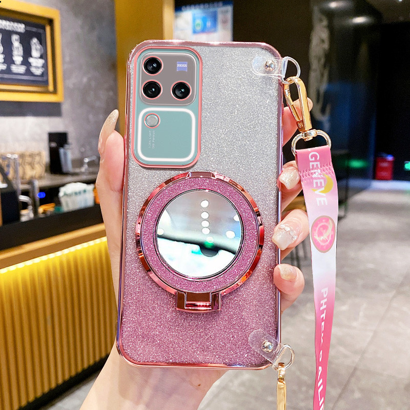 ปลอกสําหรับvivo V30 Pro 5G S18 Pro 5G S18E V30E 5Gวงกลมกระจกขาตั้งGlitterแป้งยาวเชือกแขวนAnti Dropโปร่งใสเคสโทรศัพท์