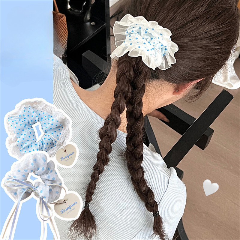 แฟชั่นจุดสีฟ้าสไตล์ Scrunchies ผู้ถือผมหางม้าผูกผม Headwear เครื่องประดับผม