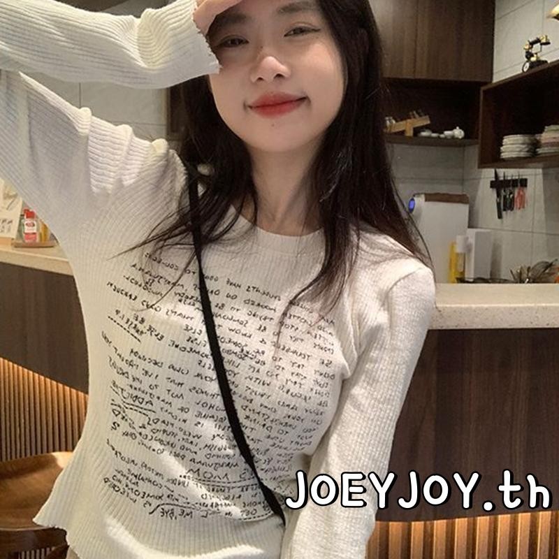 Joeyjoy-ผู้หญิงเสื้อแขนยาวพิมพ์ตัวอักษรหลวมสบายๆเสื้อยืดพื้นฐานสําหรับเสื้อผ้าฤดูใบไม้ร่วง
