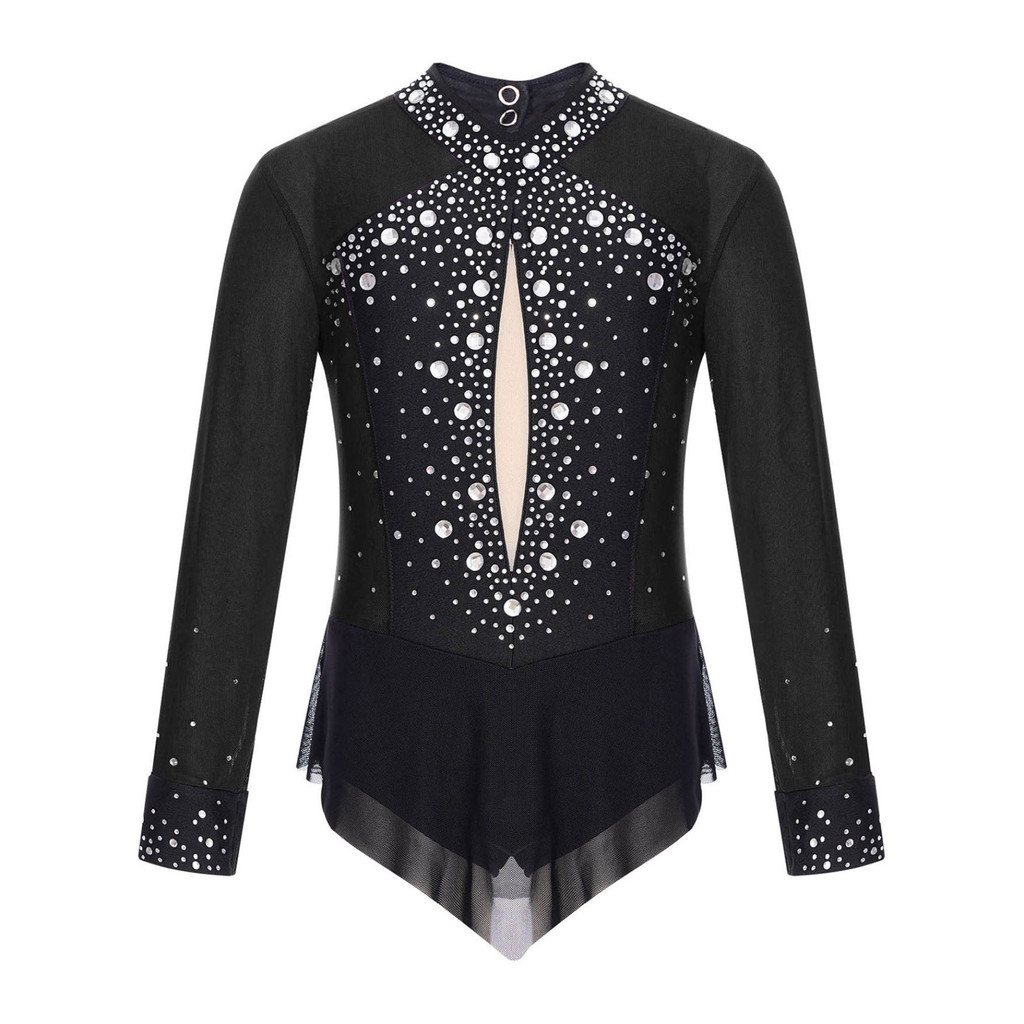 Yhong เด็กผู้หญิงยิมนาสติก Leotard แขนยาว Sparkly Rhinestone บัลเล่ต์เต้นรําชุด One Piece