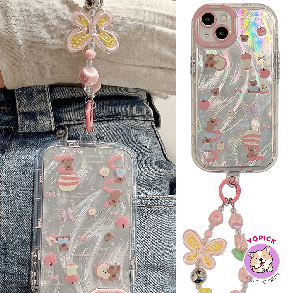 หมีโบว์สายรัดข้อมือน่ารักเคสโทรศัพท์สําหรับiphone 11 12 13Pro Max 14Plus XR XS Max 7 8 Plus SE2020 การ์ตูนฝาครอบโทรศัพท์สําหรับIPhone 15Pro MaxสีชมพูTulipสร้อยข้อมือซิลิโคนสาวเพื่อนNYS