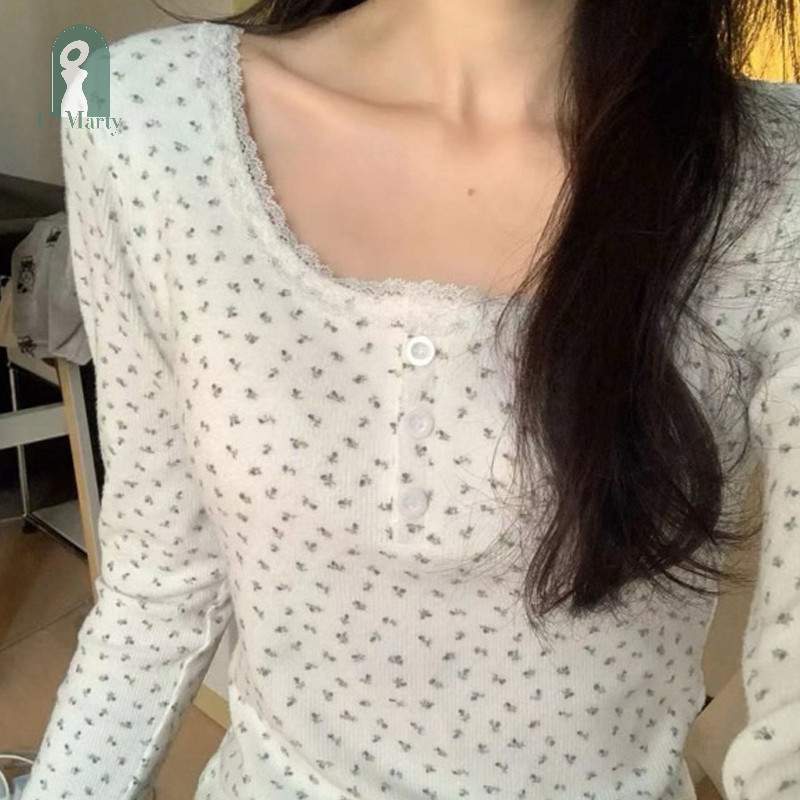 Gmarty เสื้อยืดแขนยาวลายดอกไม้ ลูกไม้ ทรงเข้ารูป ผ้านุ่มใส่สบาย
