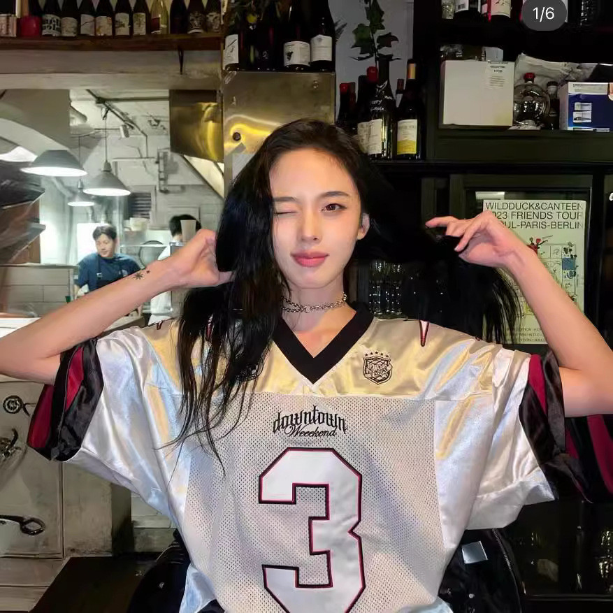 Spot street American No. 3 เสื้อแจ็คเก็ตแขนสั้นทรงหลวมเย็บสีตัดกันสําหรับผู้หญิง