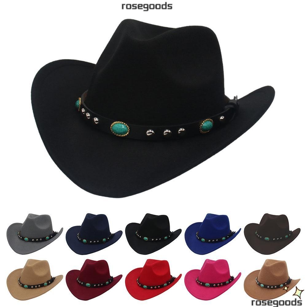 Rose หมวกคาวบอย,พร้อม Studded หยิกแถบตกแต่งคลาสสิก Western Cowgirl หมวก, คลาสสิกปีกกว้าง Felt Fedora หมวกสําหรับผู้หญิงและผู้ชาย